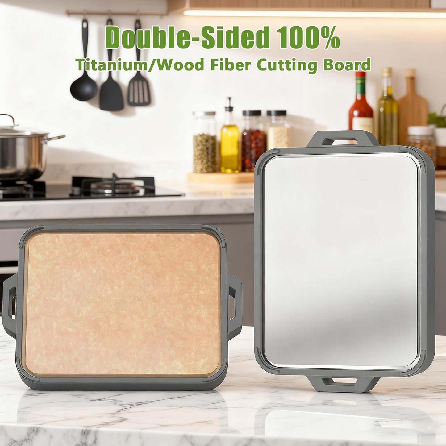 Titanium Cutting Board for Kitchen, Double Sided Pure Titanium and Wood Fiber Cutting Board with Juice Groove, Food Grade Material, for Chopping Meat/Vegetables/Fruit Dishwasher Safe 16"×11"