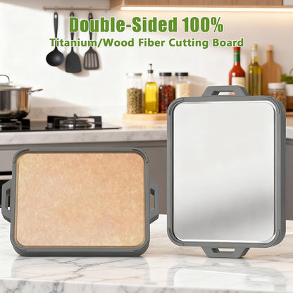 Titanium Cutting Board for Kitchen, Double Sided Pure Titanium and Wood Fiber Cutting Board with Juice Groove, Food Grade Material, for Chopping Meat/Vegetables/Fruit Dishwasher Safe 16"×11"