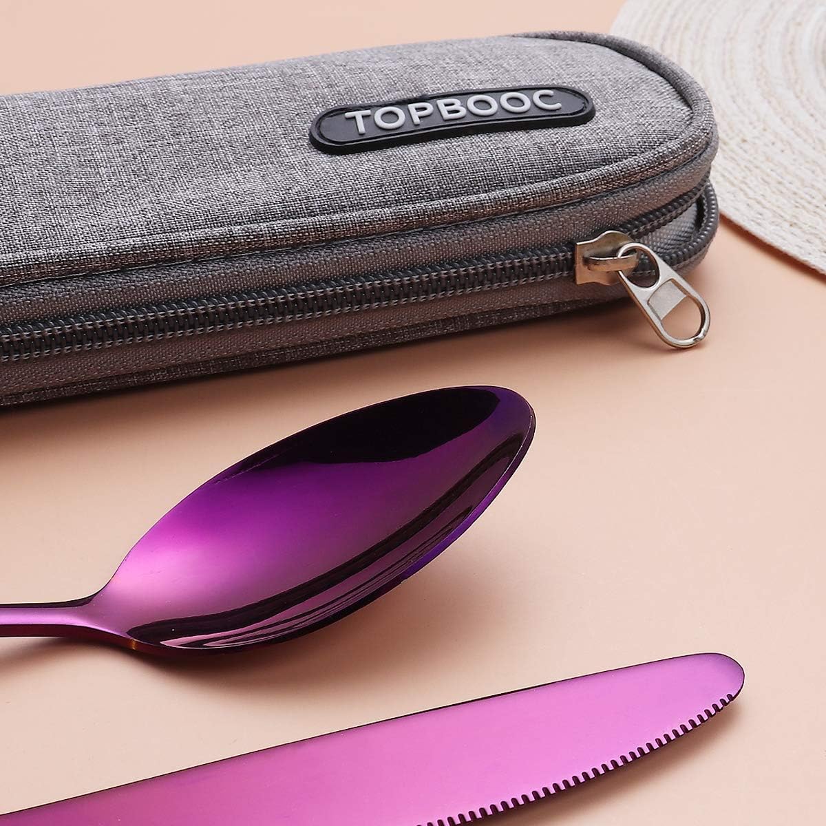 Portable Stainless Steel Flatware Set, Travel Camping Cutlery Set, Portable Utensil Travel Silverware Dinnerware Set with a Waterproof Case (Pink)