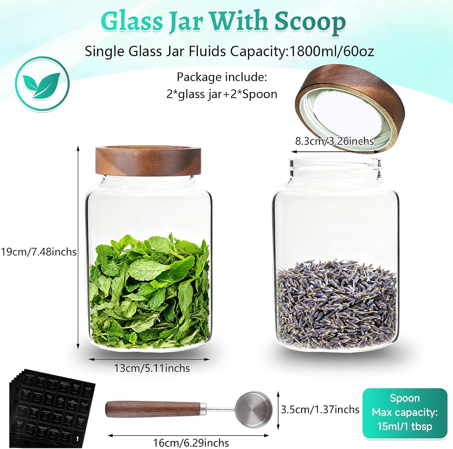 6 pc Glass Spice jars Glass Jars with Screw Lid 5 oz Acacia Wood Glass Herb Sugar Coffee Bean Ground Container Food Storage Canister for Candy Pantry Tea Seasoning Meal Prep Snack (6*150ml(5oz))