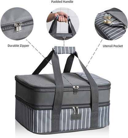 FE FUN ELEMENTS Casserole Carrier, Expandable Insulated Casserole Carriers for Hot or Cold Food, Lasagna Lugger for Parties, Fits 9" x 13" Baking Dish, Grey