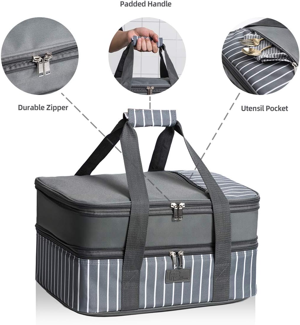 FE FUN ELEMENTS Casserole Carrier, Expandable Insulated Casserole Carriers for Hot or Cold Food, Lasagna Lugger for Parties, Fits 9" x 13" Baking Dish, Grey