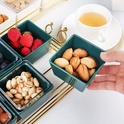 YA JU Ceramic Bowls and with Lid Gold Basket Trays, 6 Removable Small Bowls Condiment Trays Nut Serving Set for Snacks, Fruits, Candy and Condiments -Great for Parties, Holiday Gifts, White