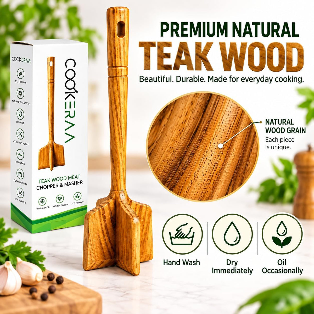 Teak Wood Meat Masher, Ground Beef Chopper & Chicken Shredder Tool