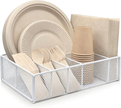 Dysanvica Metal Paper Plate Holder - Utensil Silverware Caddy for Kitchen Counter Cabinet Cutlery Flatware Organizer Storage Dispenser Box for Plastic Spoon Fork Plates Napkins Cup Party Camping White