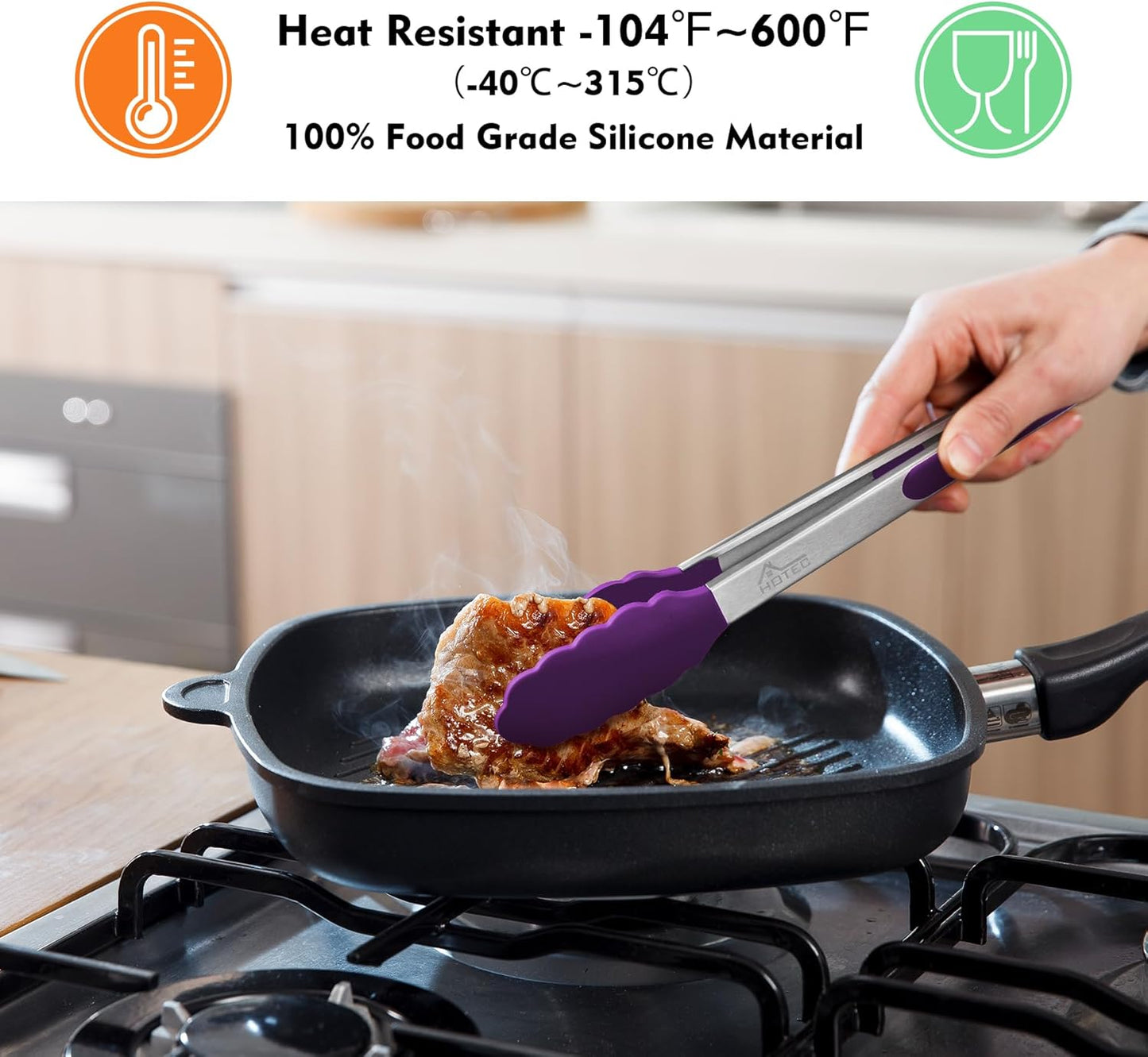 HOTEC Premium Stainless Steel Locking Kitchen Tongs with Silicon Tips, Set of 2-9" and 12"