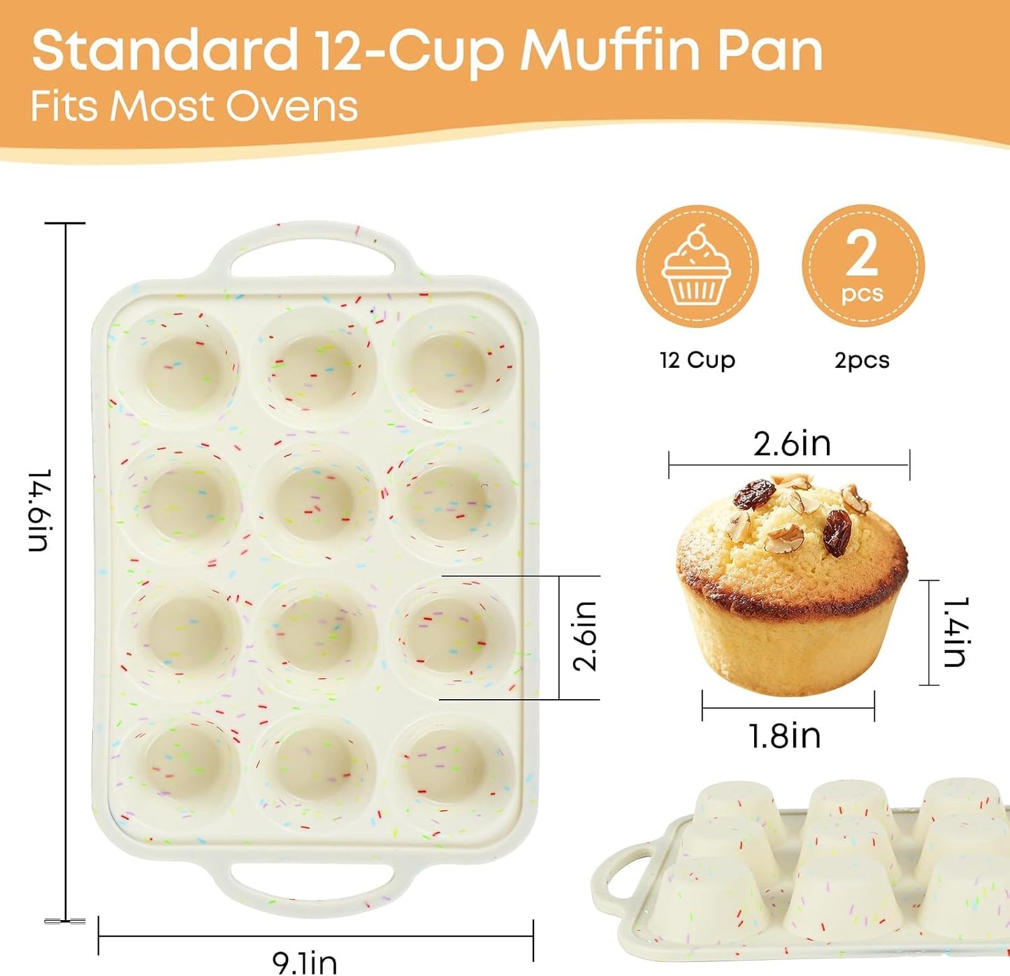 2-Pack 12-Cup Silicone Cupcake Pan, Nonstick Flexible Muffin Pan, Dishwasher Safe Muffin Tray with Handles, Seamless Silicone Muffin Tin for Baking Egg Bites & Cupcakes