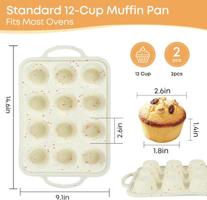 2-Pack 12-Cup Silicone Cupcake Pan, Nonstick Flexible Muffin Pan, Dishwasher Safe Muffin Tray with Handles, Seamless Silicone Muffin Tin for Baking Egg Bites & Cupcakes