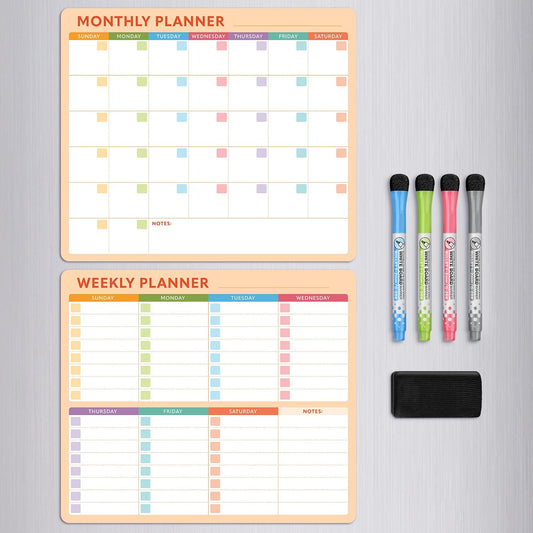 Magnetic Whiteboard Calendar for Fridge – 2-Pack Monthly & Weekly Planners (14”x12”) – Dry Erase Boards with Notes Section, Shaded Dates – Includes 4 Markers & Magnetic Eraser