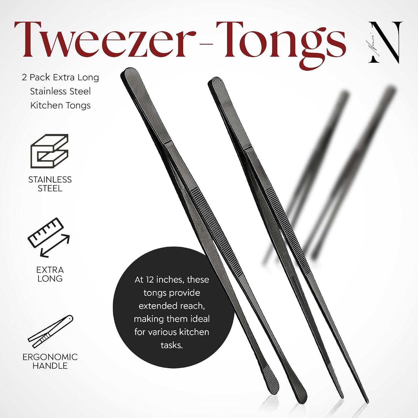 Namre' Tweezer Tongs for Cooking -Plating Tweezers - 2 Pack Stainless Steel Cooking Tongs - Thin Chopstick Tongs (Silver)