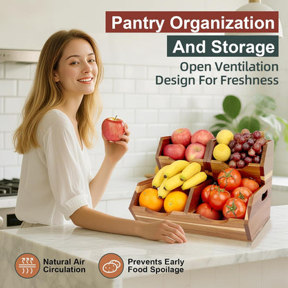 Acacia Wood Pantry Storage Bins, Stackable Potato and Onion Storage Bins for Kitchen Countertop, Set of 3 Wooden Pantry Organizer Baskets for Fruit, Vegetable, Snack