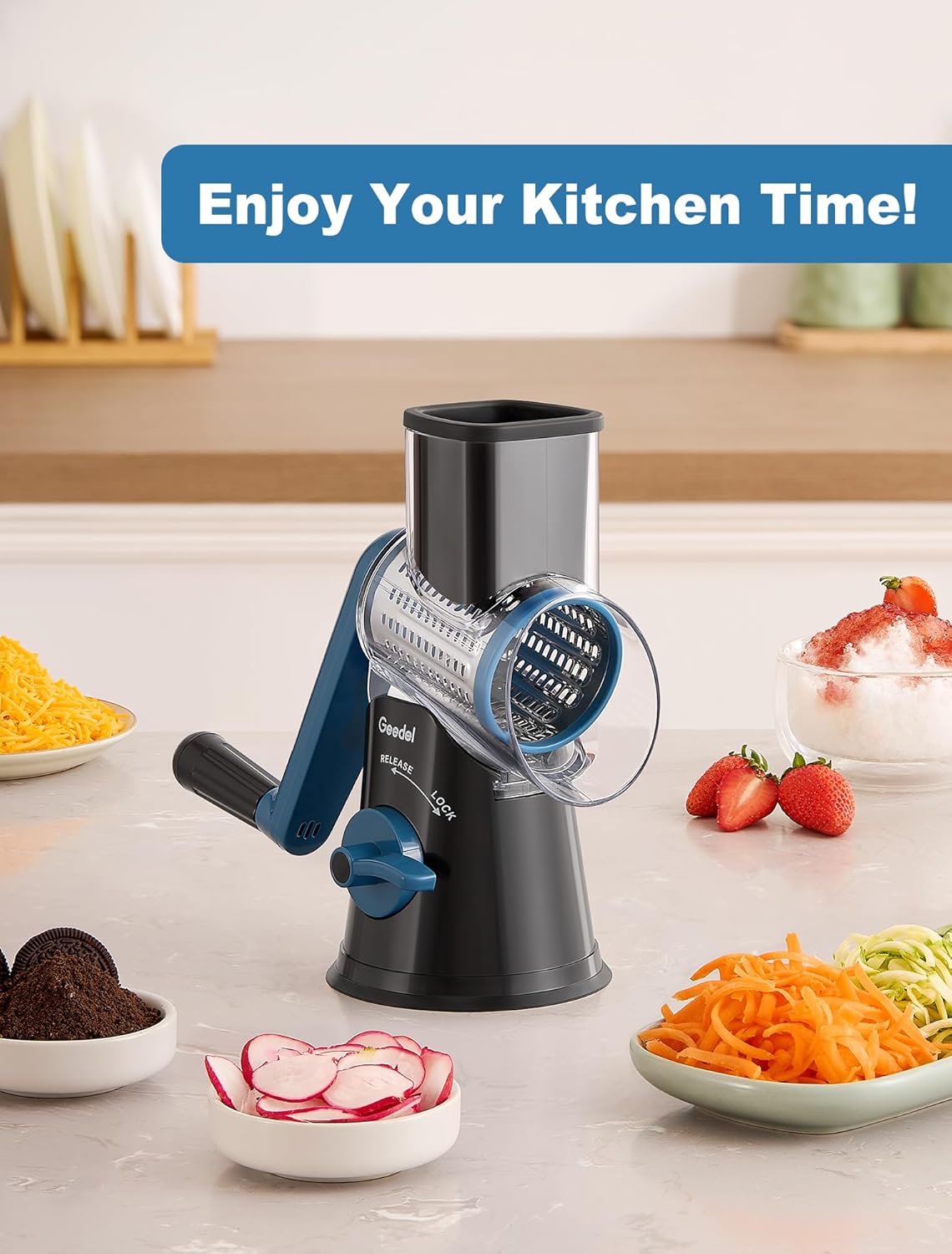 Geedel Rotary Cheese Grater, Kitchen Mandoline Vegetable Slicer with 3 Interchangeable Blades, Easy to Clean Rotary Grater Slicer for Cheese, Vegetables, Nuts