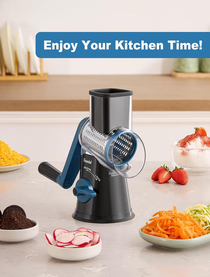 Geedel Rotary Cheese Grater, Kitchen Mandoline Vegetable Slicer with 3 Interchangeable Blades, Easy to Clean Rotary Grater Slicer for Cheese, Vegetables, Nuts