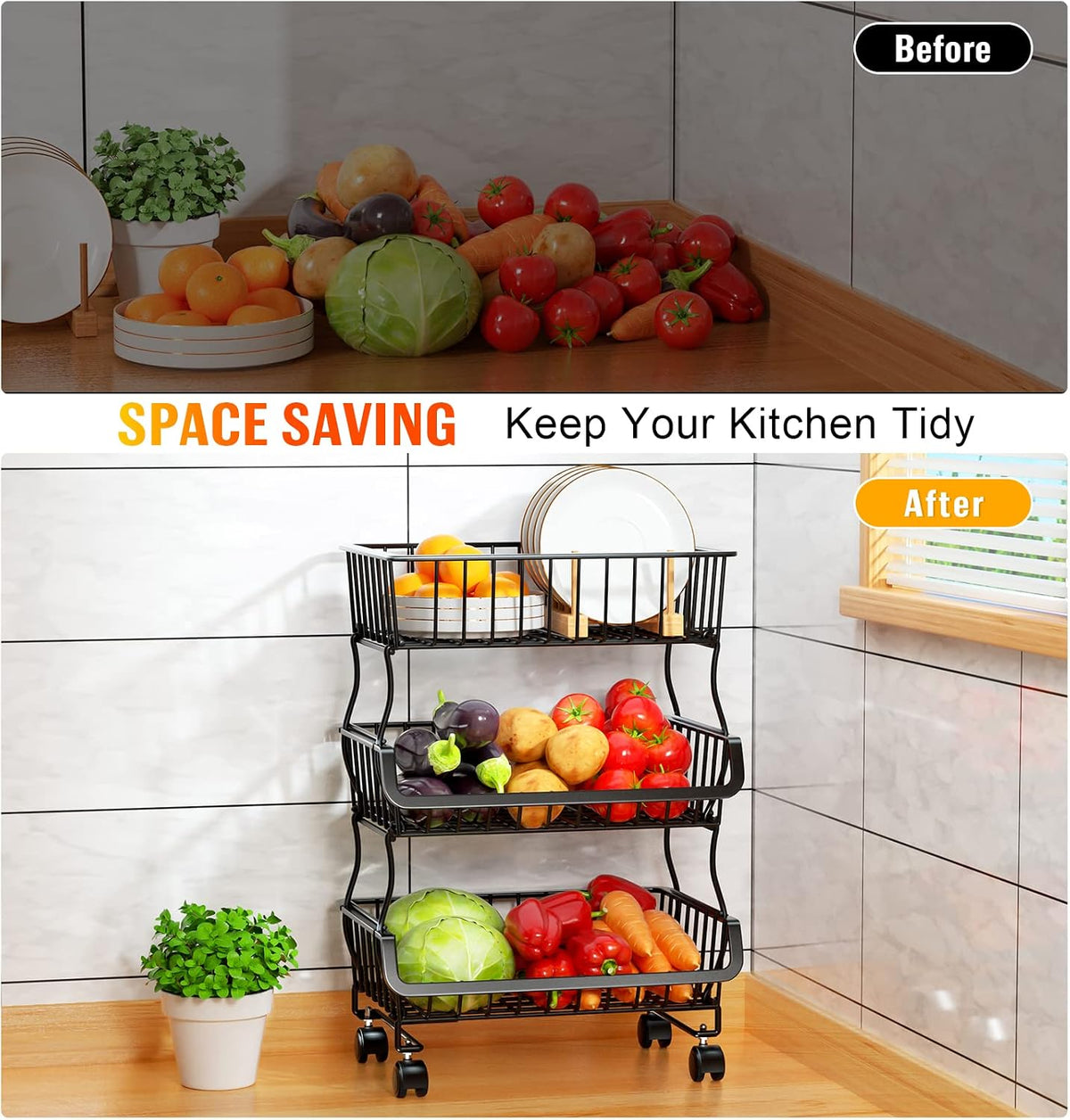 Gsiekare 3-Tier Rolling Pantry Organizer and Storage Cart with Wheels | Stackable wire pantry baskets for pantry shelves, fruit basket stand, easy to move, storage rack for food snack onion potato