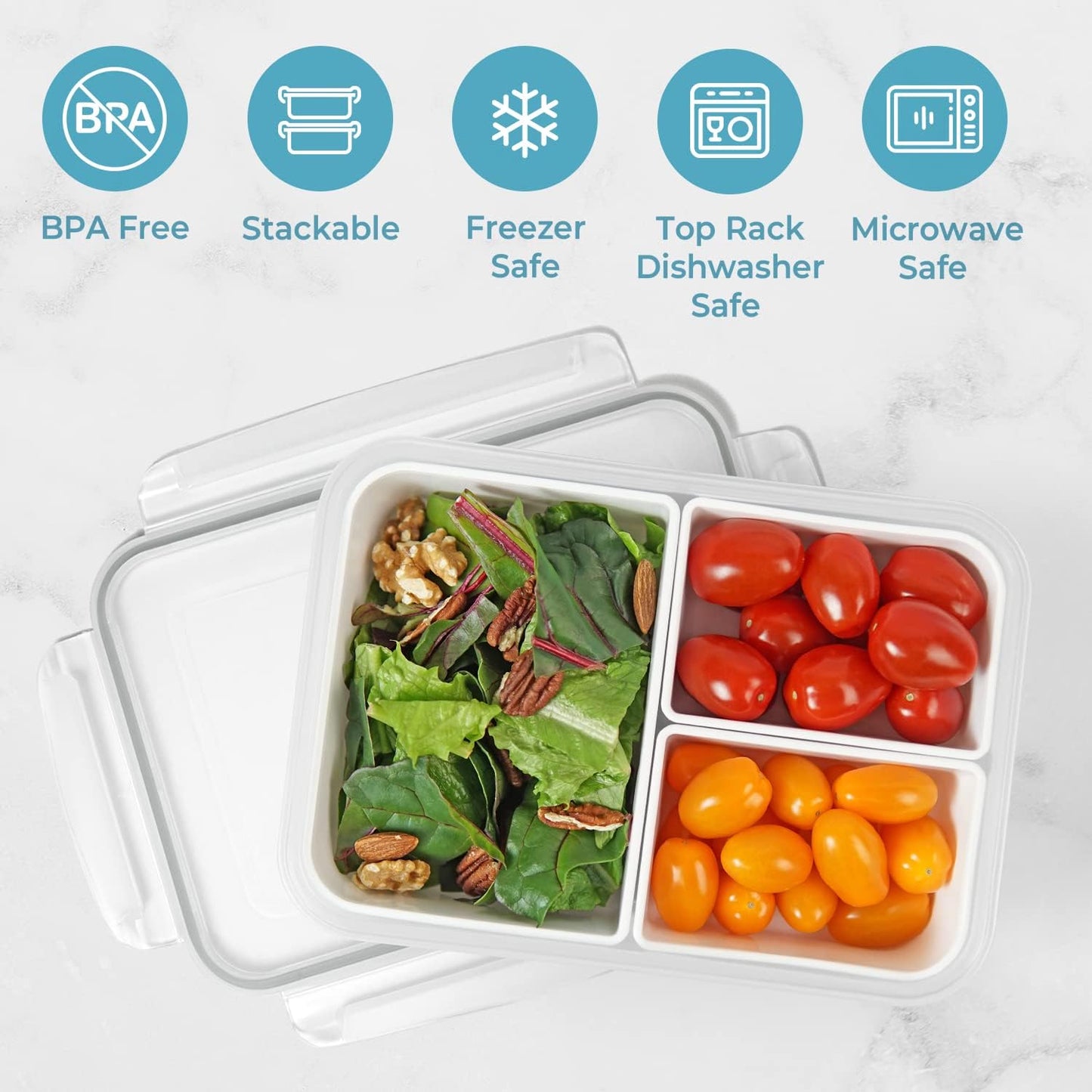 carrotez Food Storage Containers with 3 Removable Compartments, Food Prep Container with Airtight Lids, Portion Control Container, Microwave Safe, Reusable, 4.64 Cup (1100ml)
