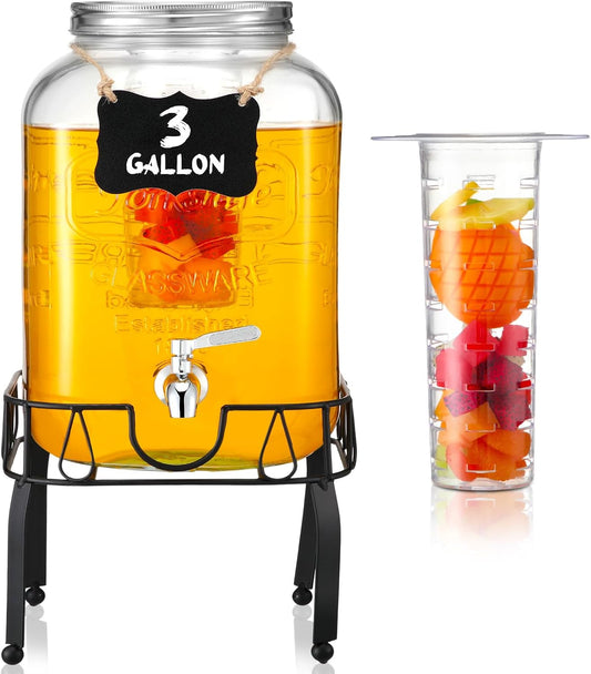 FillTouch 3 Gallon Drink Dispenser with Stand Glass Beverage Dispenser Drink Dispensers with Lid 18/8 Stainless Steel Spigot for Picnics, BBQ, Parties and Daily (Chalkboard Style,Metal Stand)