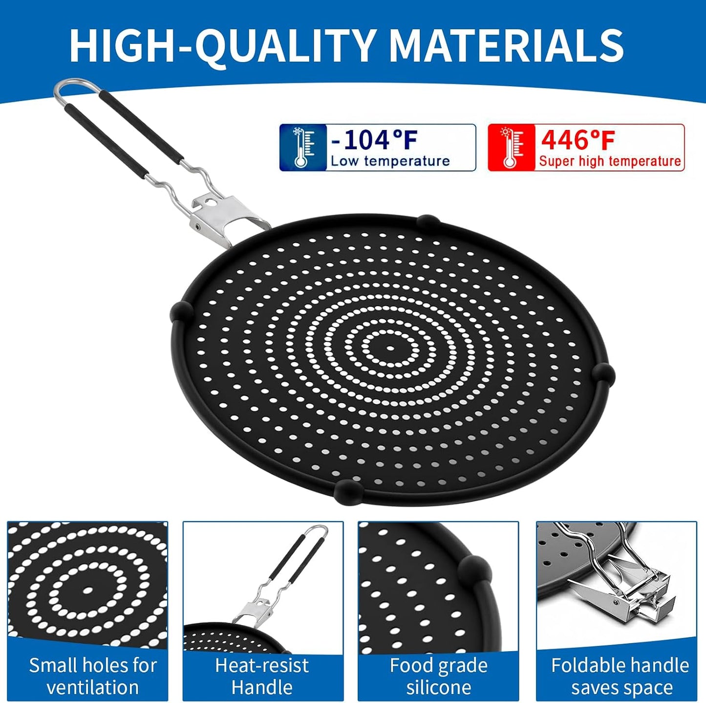 Splatter Screen Compatible with Hexclad,Silicone,12.5 Inches | Heat Resistant,with Folding Handle,Grease-Free Cooking,Dishwasher Safe,12.5 Inches,Black