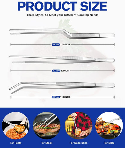 BUNDLEPRO Kitchen Tweezers Tongs with Precision Serrated Tips, 3 Pcs, 10''