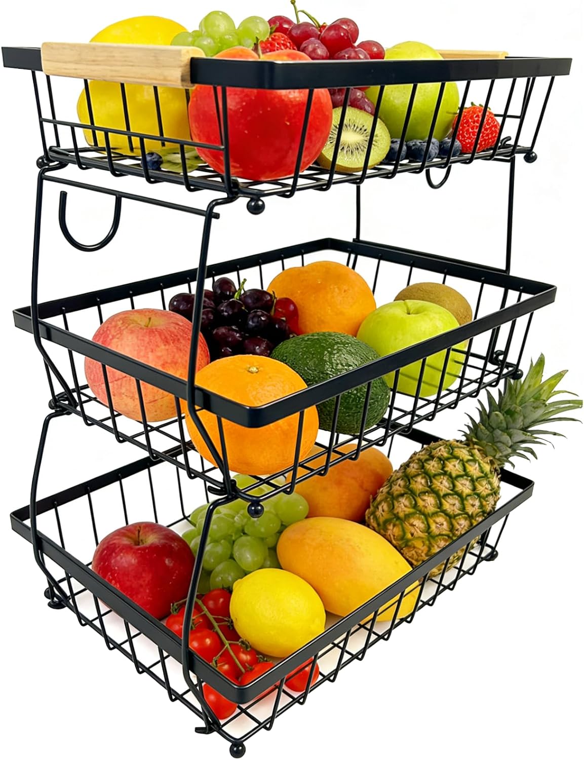 2 Tier Fruit Basket for Kitchen Counter, Large Fruit Holder with 2 Banana Hooks, Detachable Metal Fruit Stand with Wooden Handle, Kitchen Storage Cart,Vegetable Basket, Snack Rack