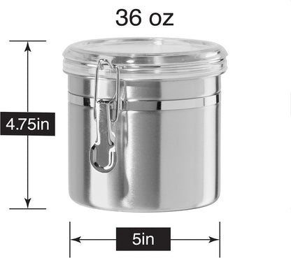 Oggi Stainless Steel Kitchen Canister 62 fl oz - Airtight Clamp Lid, Clear See-Thru Top - Ideal for Kitchen Storage, Food Storage, Pantry Storage. Large Size 5" x 7.5".