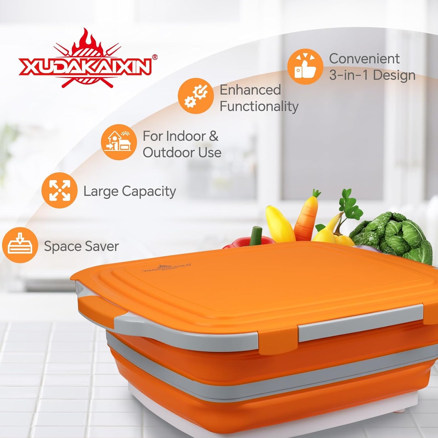 XUDAKAIXIN Collapsible BBQ Prep Tub for Meal Prep, Marinating,Food Storage, picnics, camping, barbecues,cutting fruits and vegetables - Includes Cutting Board and Locking Lid,(X-Large) Black