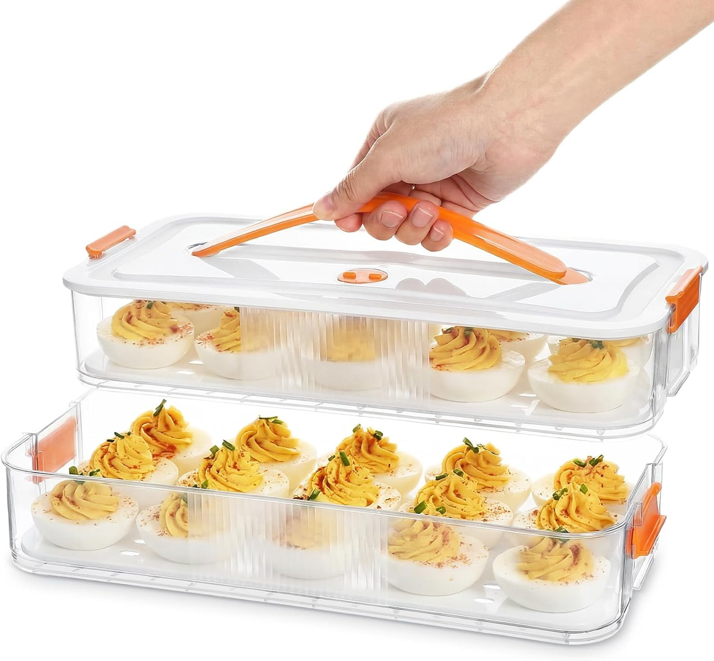 2 Pack Deviled Egg Container with Lid and Handle 2 Layer Deviled Egg Carrier for 60 Reusable Stackable Platter Clear Plastic Storage Tray for Dish Washer Party Home Kitchen Suppies
