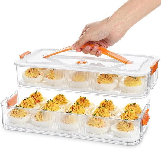 2 Pack Deviled Egg Container with Lid and Handle 2 Layer Deviled Egg Carrier for 60 Reusable Stackable Platter Clear Plastic Storage Tray for Dish Washer Party Home Kitchen Suppies