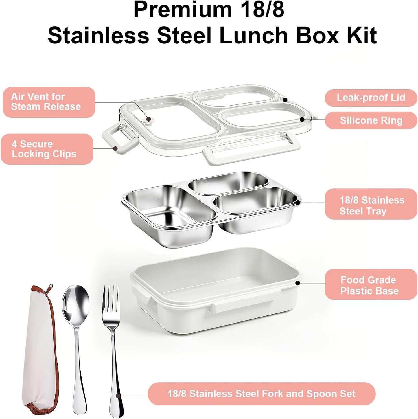 25oz 18/8 Stainless Steel Lunch Box Kit (Bento Box + Fork/Spoon) - 3 Leakproof Compartments - Metal Snack Box for Kids & Adults - School/Office/Travel - Dishwasher Safe (Beige)