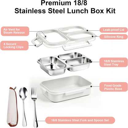 25oz 18/8 Stainless Steel Lunch Box Kit (Bento Box + Fork/Spoon) - 3 Leakproof Compartments - Metal Snack Box for Kids & Adults - School/Office/Travel - Dishwasher Safe (Beige)
