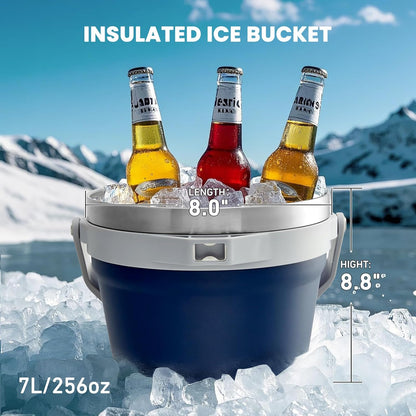 COKTIK 7L Vacuum Insulated Ice Bucket with Lid and Scoop& Tongs，Large capacity Stainless Steel Beverage Bucket for Cocktail, Champagne, Wine, Beer，Large Parties（Milk White Suit）