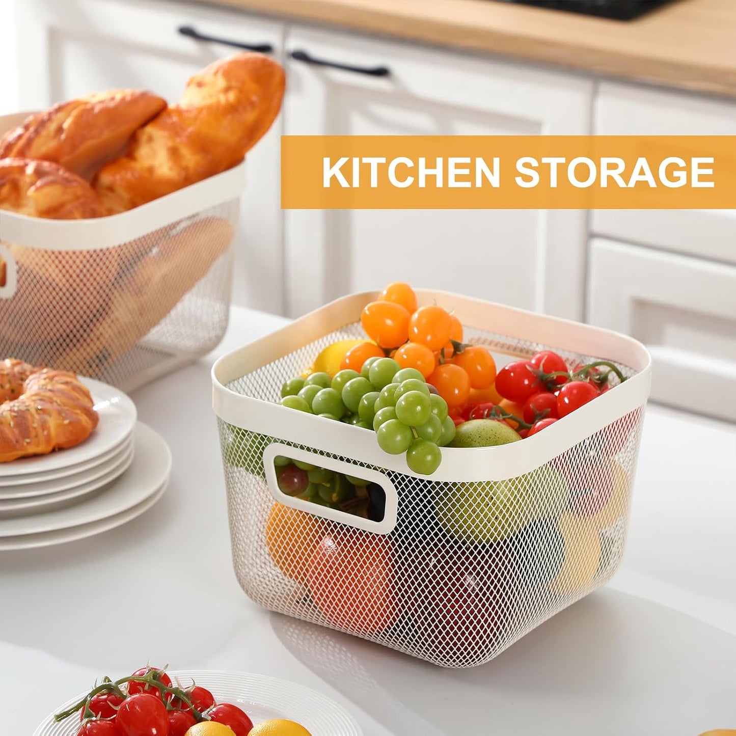 MorningRo 6 Pack Metal Mesh Basket with Hollow Handles Black Wire Storage Bin for Organizing Stackable Metal Fine Mesh Basket for Pantry Bathroom Kitchen Cabinets Shelves (Medium)