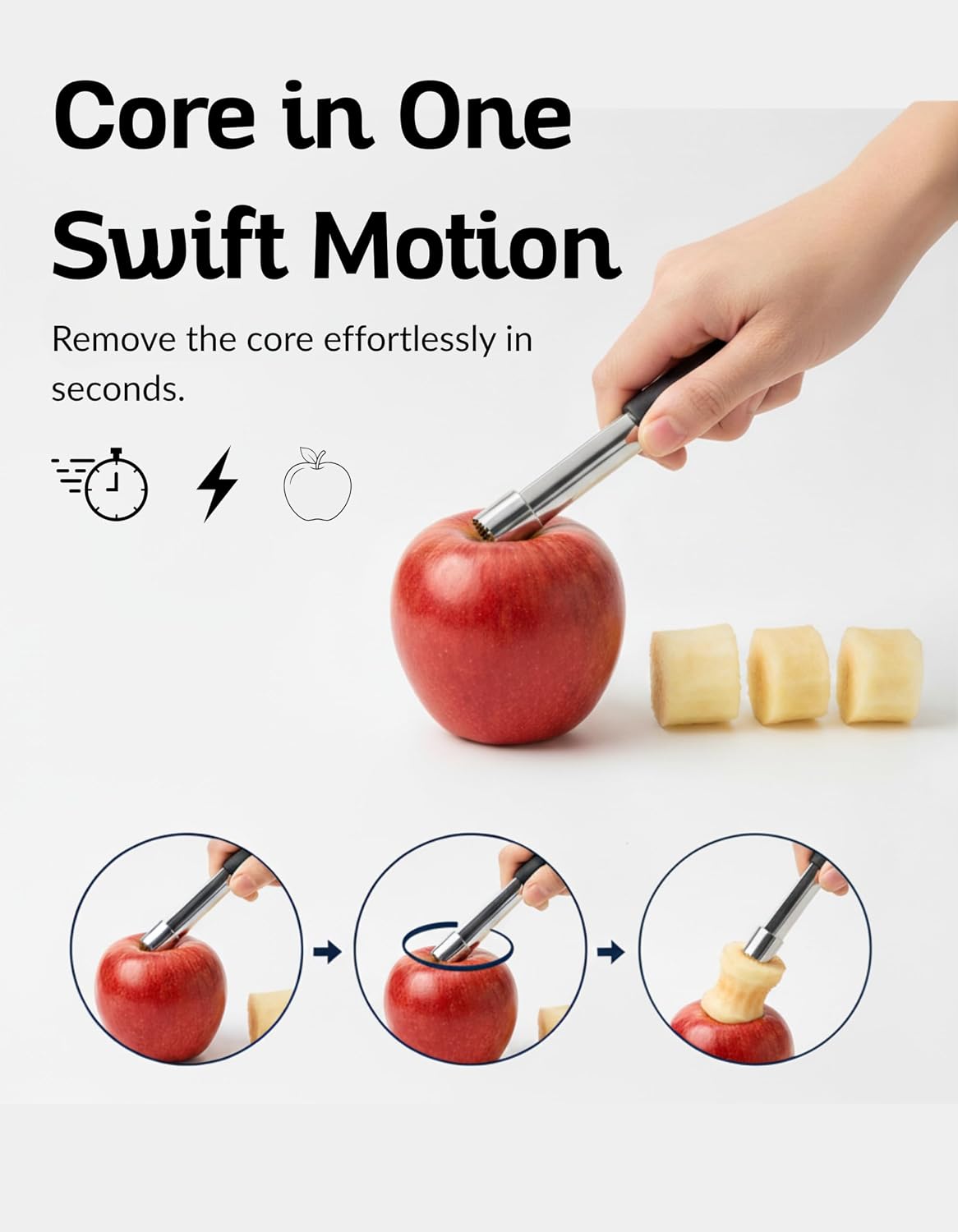 Stainless Steel Apple Corer Tool 4 Pack, Premium Fruit Core Remover Set with Serrated Blade and Ergonomic Non-Slip Handle for Apples, Pears, Peaches, Bell Peppers, Cupcakes, Dishwasher Safe