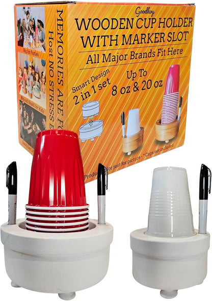 Party Cup Holder with Marker Slots | Drink Organizer for Birthdays, Festive Events, BBQs & Holiday Gatherings | Hosting Essentials for Plastic Cups | Wood Design Two in One (Brown Rustic)