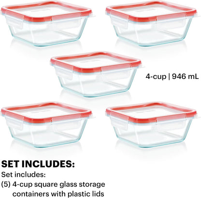Pyrex Freshlock (4-Pack) Mixed Sized Glass Food Storage Containers Set, Airtight & Leakproof Plastic Locking Lids BPA-Free, Meal Prep Containers Set, Freezer Dishwasher Microwave Safe