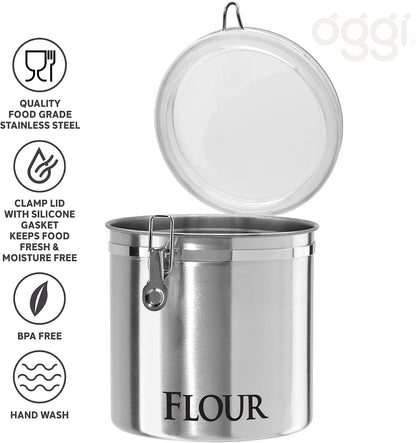 Oggi Stainless Steel Sugar Canister 62 fl oz - Airtight Clamp Lid, Clear See-Thru Top - Ideal Sugar Container for Countertop, Sugar Jar, Bulk Sugar Storage. Large Size 5" x 7.5".