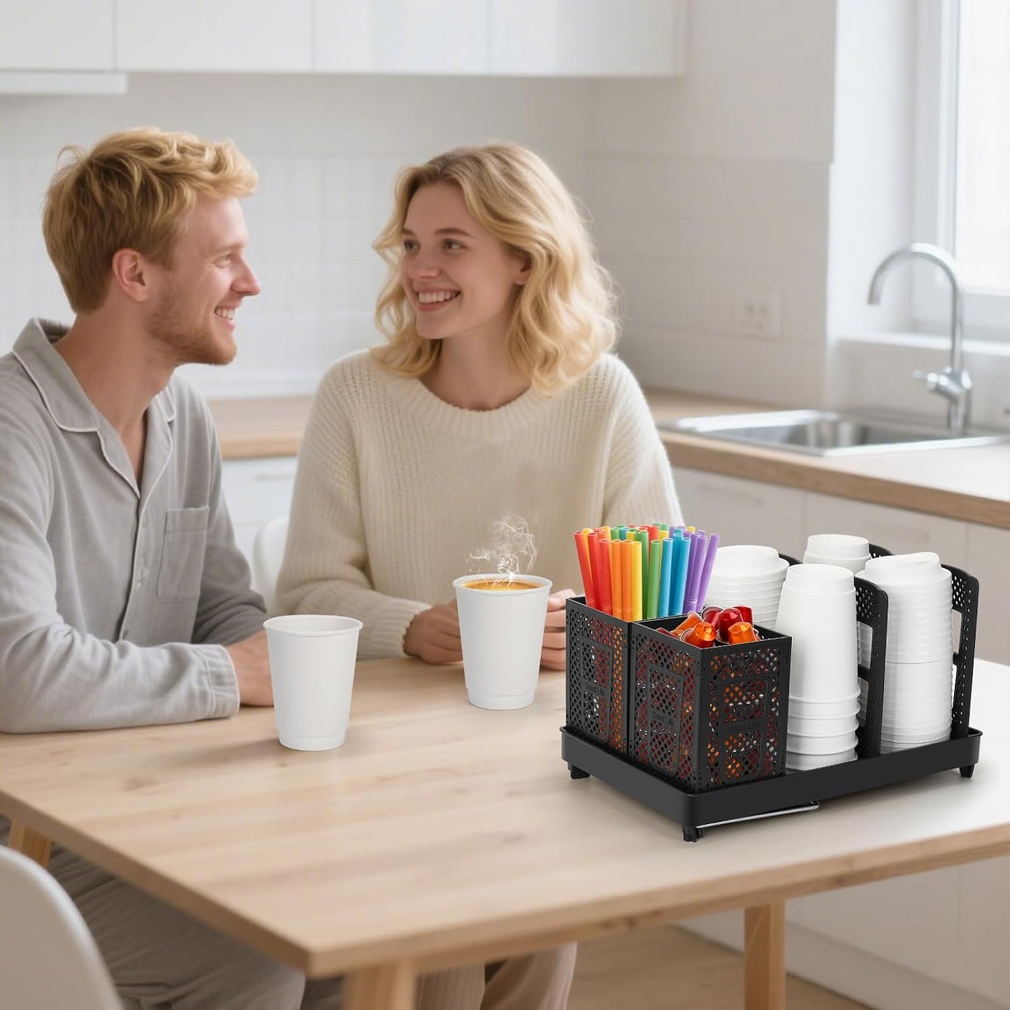 6-Compartment Cup and Lid Holder, Plastic Coffee Cup Holder with Straws Holder, 10-22oz Disposable Paper Cups Organizer for Countertop, Station, Bar,Office, Restaurant, Breakroom