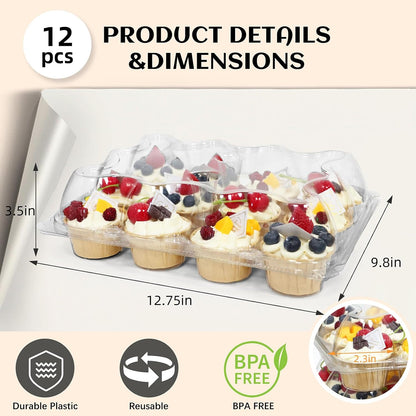 WIKDAY 12 Count x 12 Sets Plastic Cupcake Containers, Durable and BPA-Free Cupcake Holder with Lid for Easy Transport Storage, Stackable Clear Cupcake Carriers, Reusable Dessert Boxes