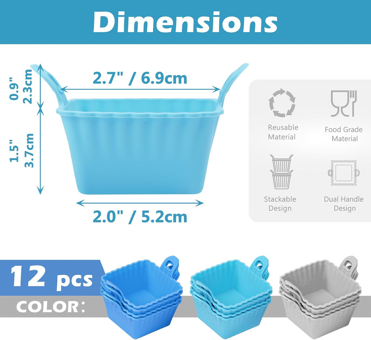 Koluti Nonstick Silicone Muffin Baking Cups Pack of 12, Reusable Cupcake Molds with Double Handle, BPA Free, Mini Round Air Fryer Cupcakes Liner, 3 Colors