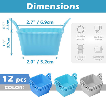 Koluti Nonstick Silicone Muffin Baking Cups Pack of 12, Reusable Cupcake Molds with Double Handle, BPA Free, Mini Round Air Fryer Cupcakes Liner, 3 Colors