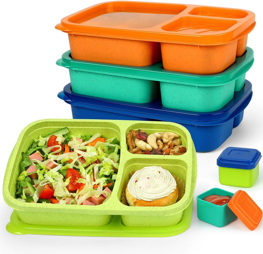 Caperci Bento Lunch Box Containers for Adults & Kids - 3-Compartment Reusable Meal Prep Containers with 2 Sauce Containers for School, Work, Travel, Wheat Straw, 4-Pack (Vintage Colors)
