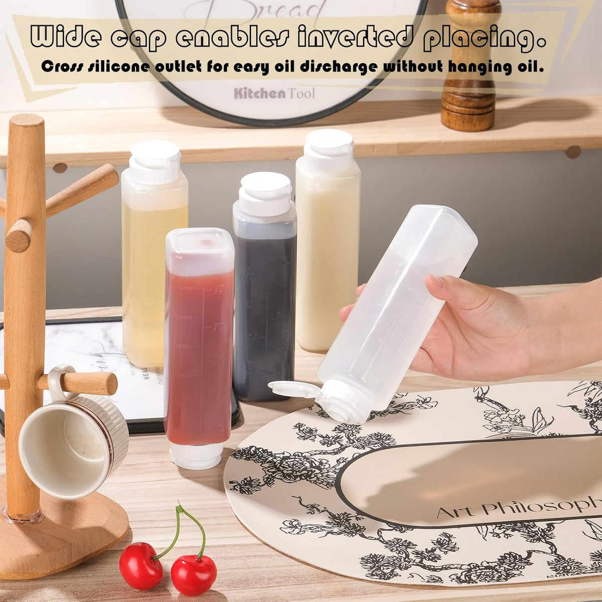 6 pack Inverted Squeeze Bottles for Hot Sauces Liquids Salad Dressing Honey Dispenser No Drip with Flip Top Silicone Valve