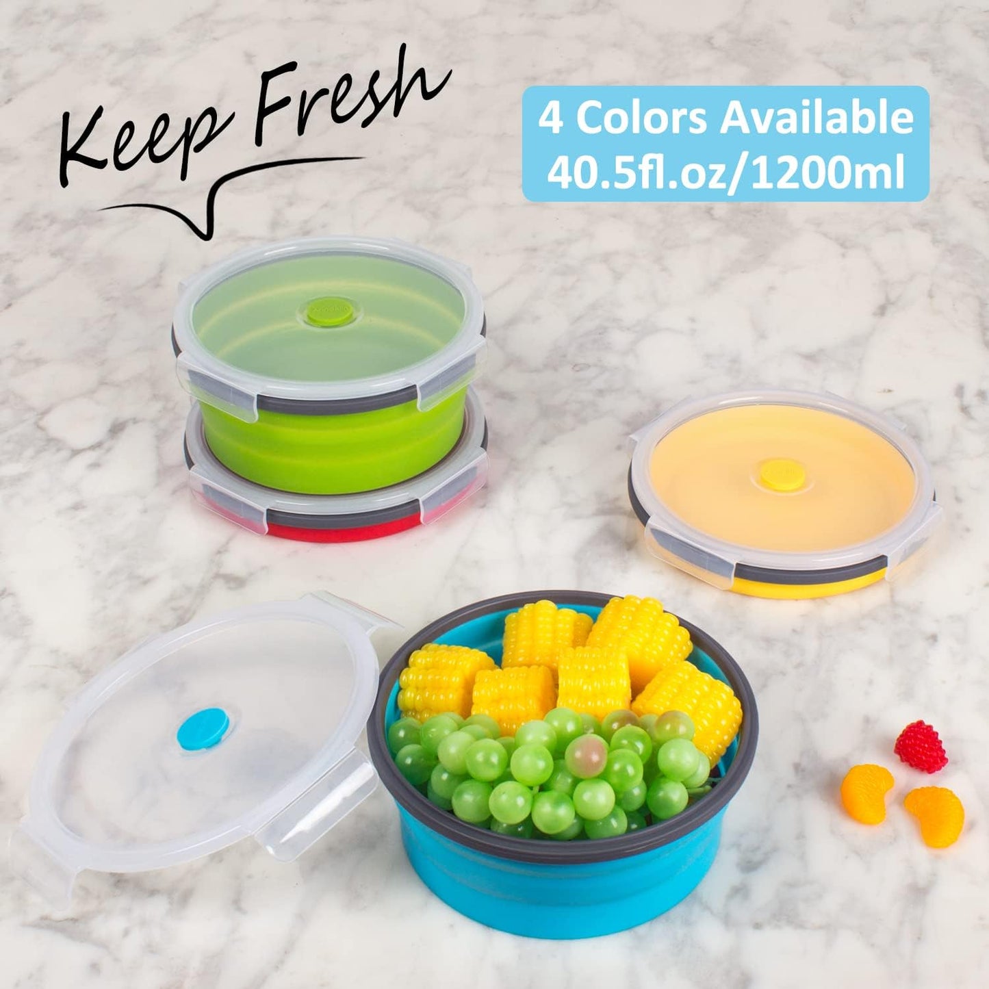 Collapsible Food Storage Containers with Lids, 4 Pack, 40 oz Silicone 1-Compartment Meal Prep Containers Reusable, Lunch Bento Boxes for Adults, Microwave Freezer Dishwasher Safe, BPA-Free, Black