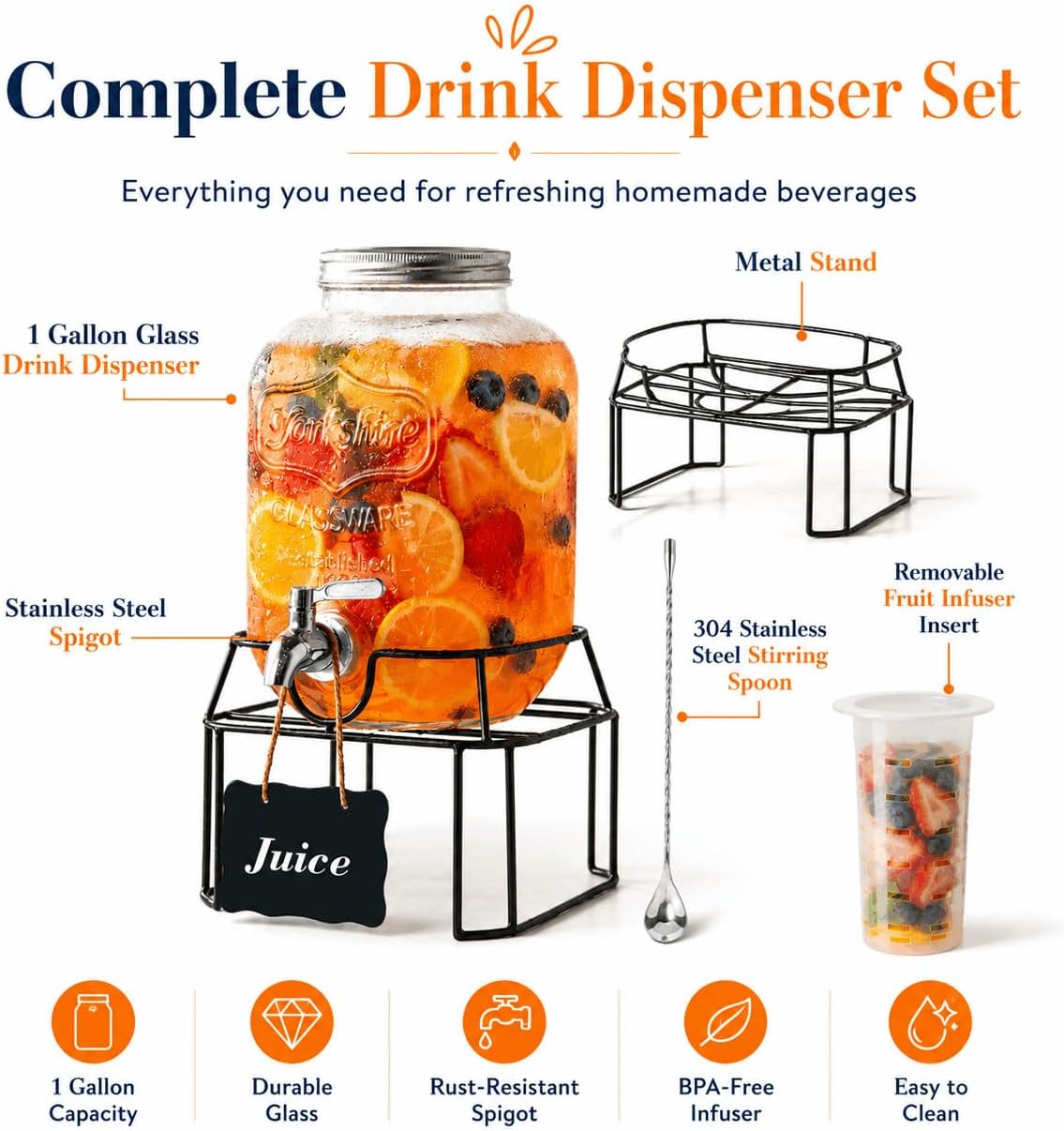 2-Pack 1-Gallon Glass Drink Dispensers with Heavy-Duty Wire Stand - 304 Stainless Steel Spigot & Mixing Spoon - 100% Leakproof Mason Jar Beverage Dispenser for Parties, Fridge, Kombucha - Wide Mouth