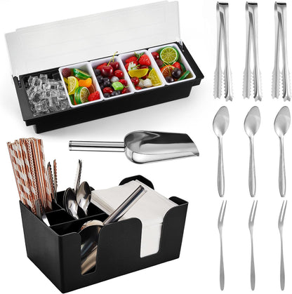Tessco for you Garnish Tray with Lid Bar Caddy Ice Cooled Condiment Serving Container with Ice Scoop Metal Mini Serving Tongs Fruit Fork Spoons for Food Home Party Kitchen(Plastic,6 Grids)
