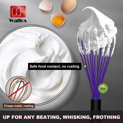 Walfos Silicone Whisk,Stainless Steel Wire Whisk -Heat Resistant 480°F Kitchen Whisks for Non-stick Cookware,Balloon Egg Beater Perfect for Blending,Whisking,Beating,Frothing & Stirring,Black