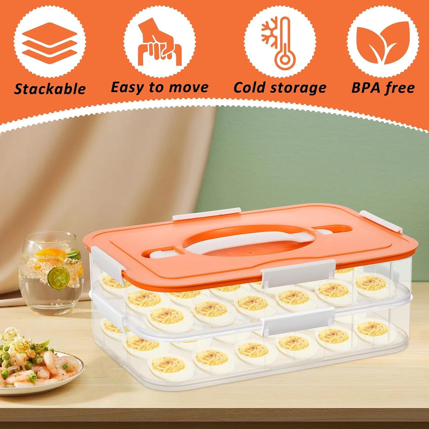 2-Layer Deviled Egg Containers with Lid, 36 Slots Plastic Detachable Egg Tray Carrier with Handle, Clear Eggs Storage Box Portable Eggs Holder for Easter Party Home Kitchen Refrigerator Supplies