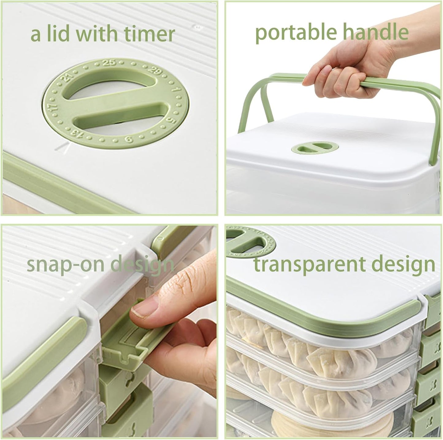 WUWEOT Plastic Cookie Storage Box with 4 Layers, Transport Snack Container Cookie Carrier, Stackable Dumpling Box Refrigerator Container with Lid and Handle for Desserts Cupcakes Snacks Dumplings