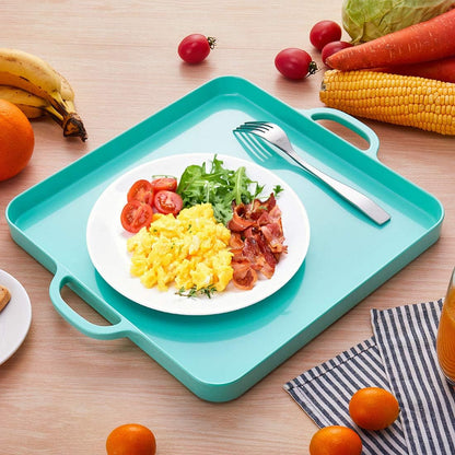 i BKGOO Foodservice Red Plastic Tray with Handle Set of 2 Large Melamine Cube Serving Platters for Parties, Table, Kitchen Size(12.5"x12.5"x1")