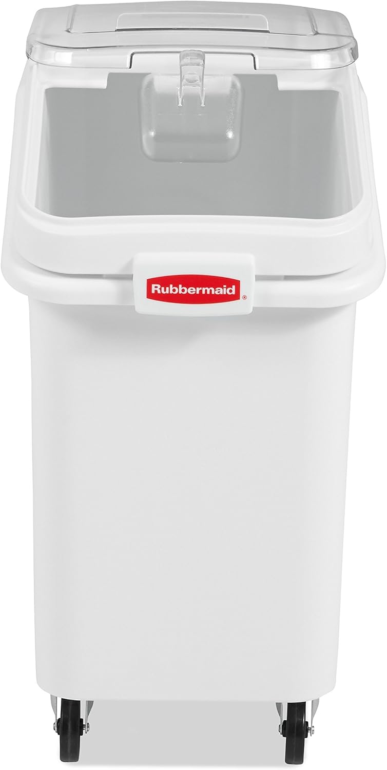 Rubbermaid Commercial Products ProSave Shelf-Storage Ingredient Bin With Scoop, 600-Cup capacity, Plastic, White, Sliding Lid, Container with Wheels for Kitchen/Restaurant Food Organization