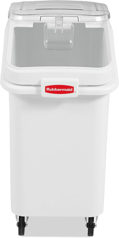Rubbermaid Commercial Products ProSave Shelf-Storage Ingredient Bin With Scoop, 600-Cup capacity, Plastic, White, Sliding Lid, Container with Wheels for Kitchen/Restaurant Food Organization